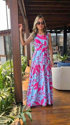 VE-0712- Vestido em viscose pink com azul bebê