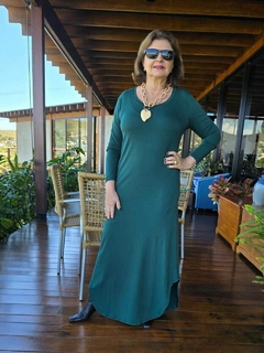 VE-0685- Vestido básico verde folha manga longa