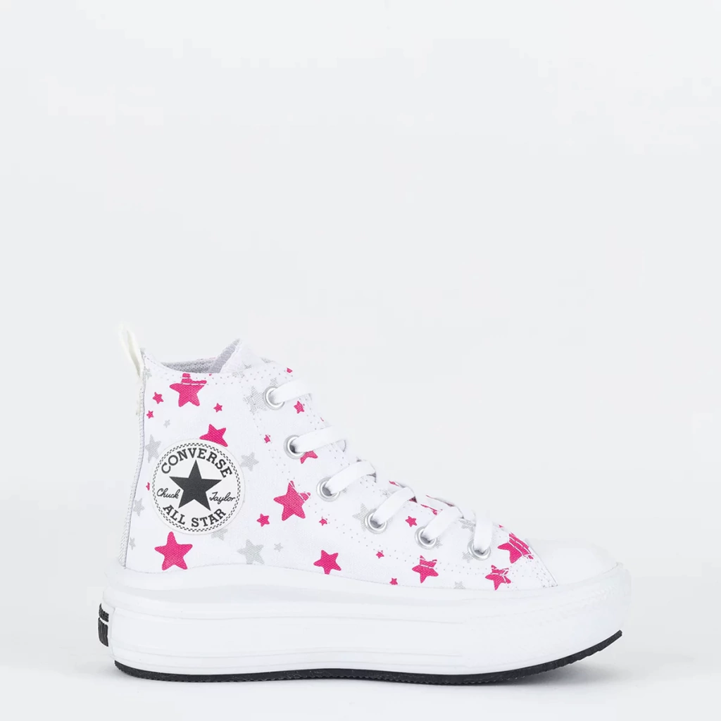 CK11130001 Tênis Converse Kids Chuck Taylor All Star Move Hi Sparkle Party Print Branco Prata Puro