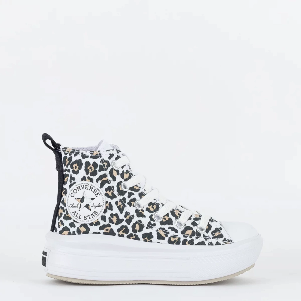 CK11090001 Tênis Converse Kids Chuck Taylor All Star Move Hi Leopard Love Branco Amendoa