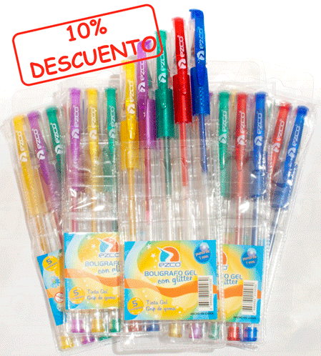 Boligrafo EZCO Gel con Glitter 5 colores x 5 PAQUETES