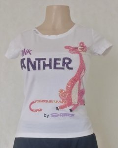 Camiseta Branca Bordada Com Lantejoulas - Pink Panther