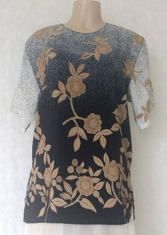 Blusa Manga Curta Floral Preta