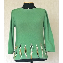 Blusa Verde Manga 3/4 Tricot Com Apliques De Fitas - Friola