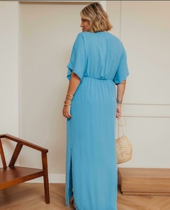 Vestido Longo Renata com Laço e Fendas Laterais - Azul - comprar online