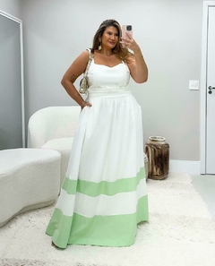 Vestido Longo Lara Linho - Branco/Verde