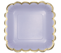 Plato de Papel Cuadrado Lila con Borde Dorado Pequeño x8 Unidades