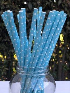 Pitillos de Papel Azul Claro y Puntos Pequeños Blancos x25 unidades