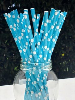 Pitillos de Papel Azul Claro y Puntos Blancos x25 unidades