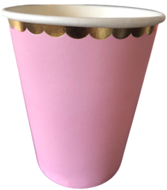 Vaso de Papel Rosado Borde Scallop Dorado  x10 unidades