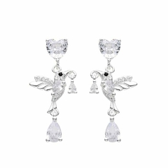 P774 - Pendientes de Colibri y Corazon con cubics, Plata 925