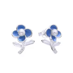 P511 - Aros Flor con Perlas y cubics, Plata 925