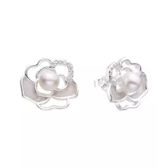 P536 - Aros Flor con Perlas y cubics, Plata 925