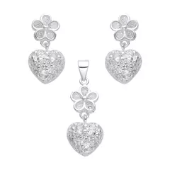 P927 - Conjunto Aros + Dije Flor y Corazon con cubics, Plata 925