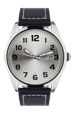 RELOJ ONA SAEZ MONTREAL MALLA DE CUERO ANALOGO UNISEX NEGRO CON CALENDARIO BRAINE JOYAS