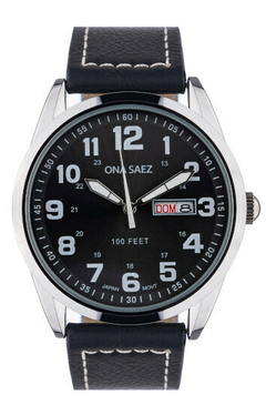 RELOJ ONA SAEZ MONTREAL MALLA DE CUERO ANALOGO UNISEX NEGRO CON CALENDARIO BRAINE JOYAS