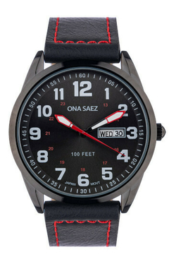 RELOJ ONA SAEZ MONTREAL MALLA DE CUERO ANALOGO UNISEX NEGRO CON CALENDARIO BRAINE JOYAS