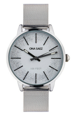 Reloj Ona Saez Paris plateado malla tejida con glitter para dama