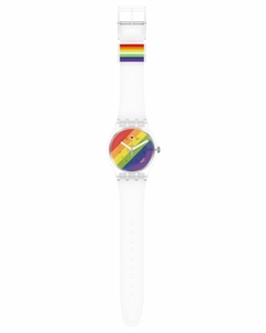 Reloj Swatch SO29K701 Pride Stripe Fierce Orgullo LGBTQIA unisex malla de plástico transparente - BRAINE JOYAS Y RELOJES