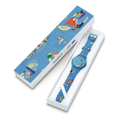 Reloj Swatch SUOZ342 Blue Sky, By Vassily Kandinsky X Centre Pompidou para dama malla de silicona