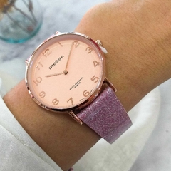 Reloj Tressa Gema TR-104 Malla Simil Cuero Glitter Rosa Para Dama