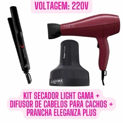 Kit Secador de Cabelo Light Marsala + Chapinha Eleganza Plus + Difusor Gama Universal - Importados da Malu