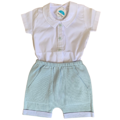 Conjunto Body Camisa e Shorts Azul Bebê em Tricô 100% algodão