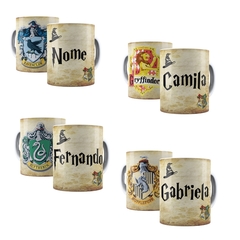 Caneca Branca com Nome Harry Potter 325ml Casas Grifinória Lufa Lufa Corvinal Sonserina  Orathea