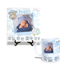 Kit Caneca em ceramica e Azulejo 15x15cm do Nascimento com foto e nome Azul Marca Orathea