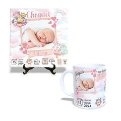 Kit Caneca em ceramica e Azulejo 15x15cm do Nascimento com foto e nome Rosa Marca Orathea