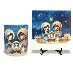 Kit caneca em cerâmica e Quadro Azulejo no tamanho 15x15cm decorativo Natal