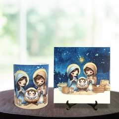 Kit caneca em cerâmica e Quadro Azulejo no tamanho 15x15cm decorativo Natal