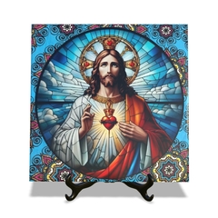 Quadro Azulejo Sagrado Coracao de Jesus Religioso com suporte Orathea