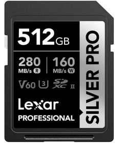 CARTÃO LEXAR SD 512GB 280MB/S V60 4K SILVER PRO