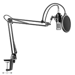 Kit Microfone Condensador Estúdio Profissional Podcast prata