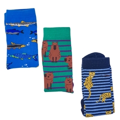 Kit 03 pares meias cano médio Peixes Azul | Capivara | Onça Azul