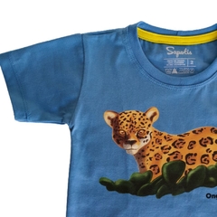 Camiseta infantil onça-pintada azul - 100% algodão unissex - loja online