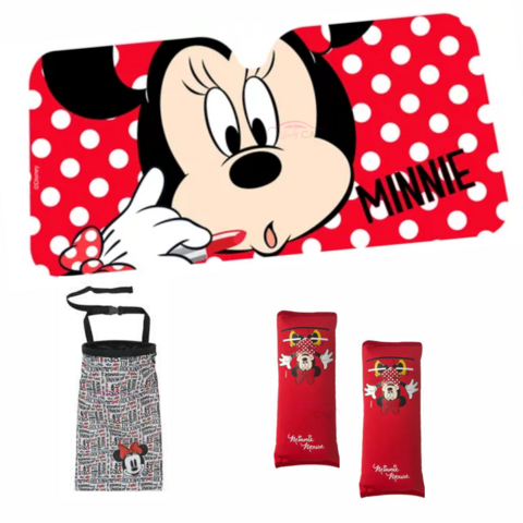 Kit Minnie: Protector c/ Cinturones+ Parasol Minnie+ Bolsa para Auto