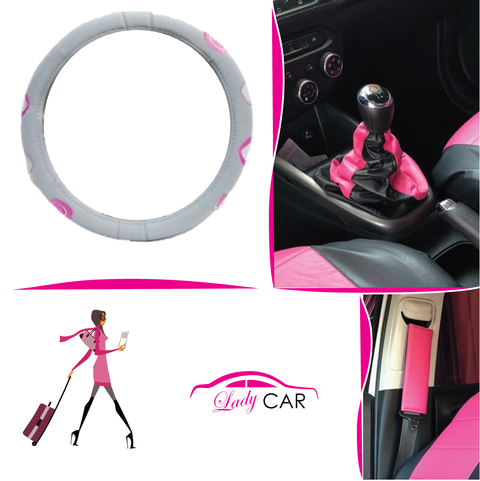 Set Cubre Volante Gris+ Cubre Palanca+ Cubre Cinturones Rosa