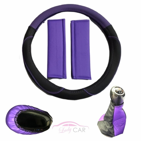 Combo- Cubre Volante Violeta + Cubre Palanca+ Cubre Cinturones Violeta+ Cubre Espejo