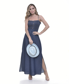 vestido longo jeans com fenda - comprar online