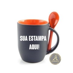 Caneca Personalizada de Cerâmica Mágica com Interior e Colher - Laranja