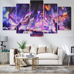 5 peças arte de parede pintura em tela futurista cidade neon pôster de noite moderno casa sala de estar imagens modulares para decoração - comprar online