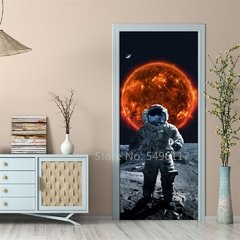 Astronauta Adesivo de porta Lua Terra Planeta Espaço porta Papéis de parede Adesivo de parede 3D Peel and Stick Vinil Quarto sala de estar Decoração Poster DIY Móveis geladeira porta adesivos