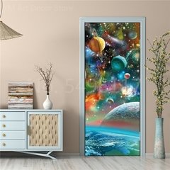 Astronauta Adesivo de porta Lua Terra Planeta Espaço porta Papéis de parede Adesivo de parede 3D Peel and Stick Vinil Quarto sala de estar Decoração Poster DIY Móveis geladeira porta adesivos