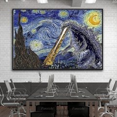 Godzilla monstros estrelado noite van gogh poster moderno sala de estar decoração da lona arte da parede impressões para casa - comprar online