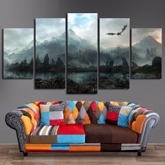 Jogo de vídeo skyrim dragon pôsteres e impressões hd, 5 peças paisagem imagens de pintura em tela para sala de estar arte de parede decoração da casa