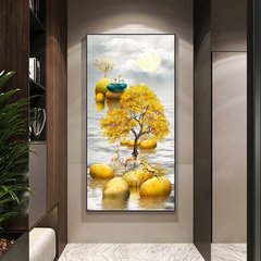 Arte de luxo moderna dourada, pedra dourada e árvore dourada, pintura de paisagem, imagens de arte para parede para sala de estar, decoração de casa (sem moldura)