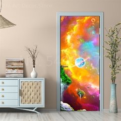 Astronauta Adesivo de porta Lua Terra Planeta Espaço porta Papéis de parede Adesivo de parede 3D Peel and Stick Vinil Quarto sala de estar Decoração Poster DIY Móveis geladeira porta adesivos