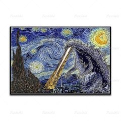 Godzilla monstros estrelado noite van gogh poster moderno sala de estar decoração da lona arte da parede impressões para casa